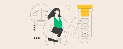 Illustration showing a scientist in a green shirt and white labcoat with shoulder-length black hair beside icons of a scale, indicating balance or justice, and a test tube with DNA in it. 