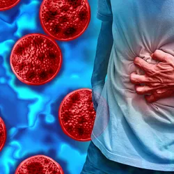 Cyclospora parasites are shown in red on the left side of the image, and a person clutching their stomach in pain is shown on the right.