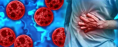 Cyclospora parasites are shown in red on the left side of the image, and a person clutching their stomach in pain is shown on the right.