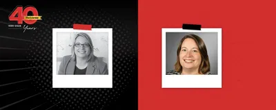 In the TS 40th anniversary template, Valerie Horsley’s then headshot is shown in black and white on the left, and her current headshot is shown on the right in color.