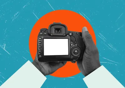 Collage-style image with a person’s hands holding a black camera against a teal background with an orange dot in the center behind the hands and camera. 