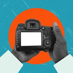 Collage-style image with a person’s hands holding a black camera against a teal background with an orange dot in the center behind the hands and camera. 