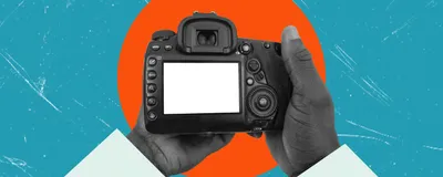 Collage-style image with a person’s hands holding a black camera against a teal background with an orange dot in the center behind the hands and camera. 