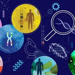 An illustration of human silhouettes and DNA imagery in colorful circles on a dark blue background. 