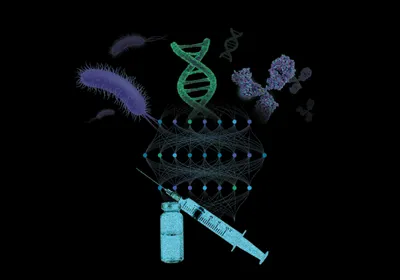 Illustration showing a bacterial cell (top, left), DNA strand (top, middle), and antibody (top, right) being used as inputs into a visual representation of a neural network that has dark blue, light blue, and green nodes. There is a blue glass vial with a syringe at the bottom, representing a new vaccine as the output of the model. The background is black. 