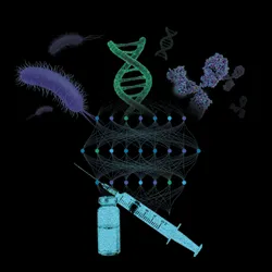 Illustration showing a bacterial cell (top, left), DNA strand (top, middle), and antibody (top, right) being used as inputs into a visual representation of a neural network that has dark blue, light blue, and green nodes. There is a blue glass vial with a syringe at the bottom, representing a new vaccine as the output of the model. The background is black. 