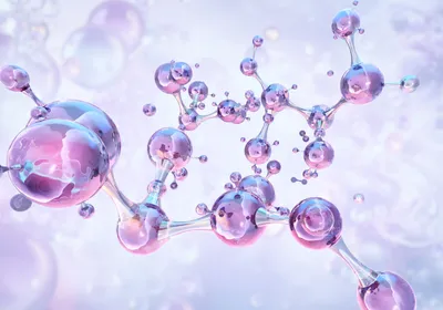A molecule made up of clear-pinkish orbs is shown over a light background.
