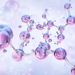 A molecule made up of clear-pinkish orbs is shown over a light background.