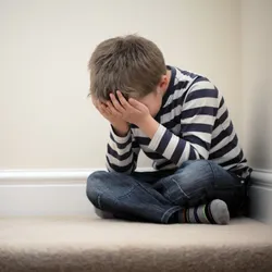 Image of a young boy sitting on the staircase. He has his head in his hands.