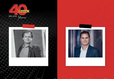 In the TS 40th Anniversary template, Daniel Colón-Ramos is seen in a black and white headshot on the left and is seen in color on the right wearing a blue suit and patterned shirt.