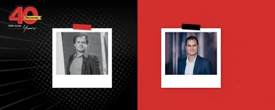 In the TS 40th Anniversary template, Daniel Colón-Ramos is seen in a black and white headshot on the left and is seen in color on the right wearing a blue suit and patterned shirt.