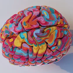 A model of a brain made of flat, multicolored pieces stacked together. 