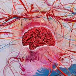 An illustration of a red-colored brain against a vivid and abstract background, with a few red and blue protrusions reaching out to the brain.