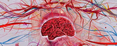 An illustration of a red-colored brain against a vivid and abstract background, with a few red and blue protrusions reaching out to the brain.