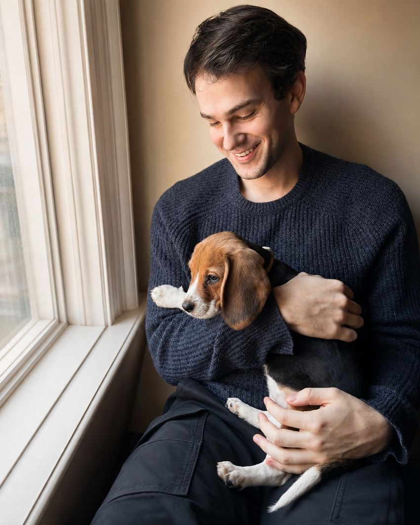 Matt Walker wears a dark sweater while holding the beagle puppy Bailey in front of a window.