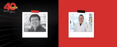 Junyue Cao smiles in a black and white photo on the left. One the right, he is wearing a white coat stands close to a laboratory bench. There are laboratory containers beside him.