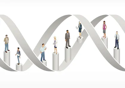 Illustration of a white piece of 3D DNA against a white background. Cartoon people stand on top of the bases on the bottom strands, representing population-wide genomic studies. 