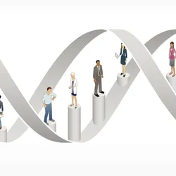 Illustration of a white piece of 3D DNA against a white background. Cartoon people stand on top of the bases on the bottom strands, representing population-wide genomic studies. 