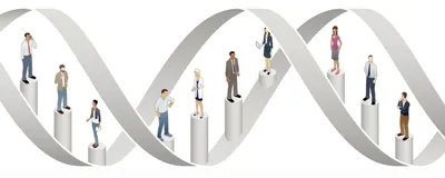 Illustration of a white piece of 3D DNA against a white background. Cartoon people stand on top of the bases on the bottom strands, representing population-wide genomic studies.