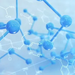 An illustration of a three-dimensional molecular model with chemical formulas overlaid.