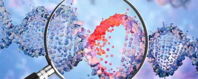 Close-up shot of a magnifying glass examining a molecular DNA strand, signifying poorly-understood parts of the dark genome.