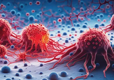 Artistic illustration of cancer cells (red).