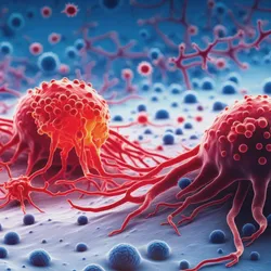 Artistic illustration of cancer cells (red).