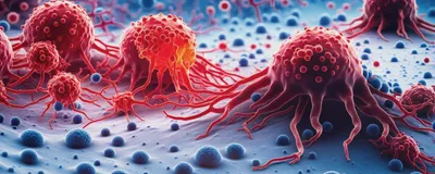 Artistic illustration of cancer cells (red).