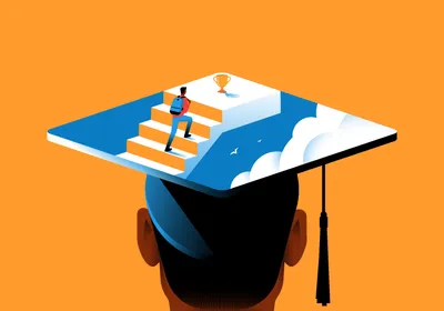 A student wears a graduation cap with a student climbing a staircase, representing academia.