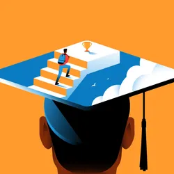 A student wears a graduation cap with a student climbing a staircase, representing academia.