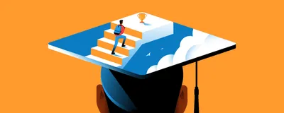 A student wears a graduation cap with a student climbing a staircase, representing academia.