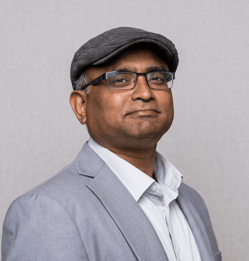 A photograph of Sudhakaran Prabakaran wearing a white shirt, grey blazer, and grey cap against a light grey background. A photograph of Sudhakaran Prabakaran wearing a white shirt, grey blazer, and grey cap against a light grey background.