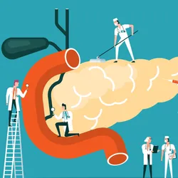 A team of cartoon scientists studying a giant pancreas.