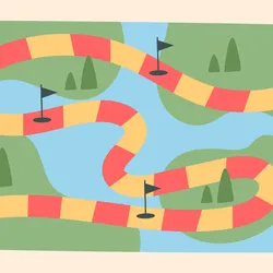 Image of a color flat path board game map. The path consists of red and yellow squares winding across the map.