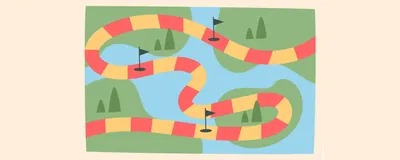 Image of a color flat path board game map. The path consists of red and yellow squares winding across the map.