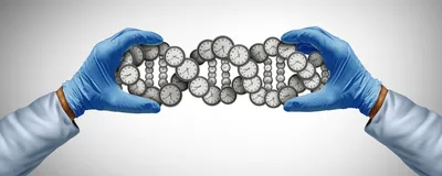 Epigenetic clocks represented by a DNA double-helix structure made of clocks held between a person’s blue-gloved hands.