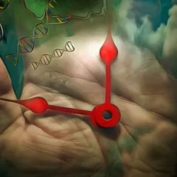 A DNA strand, clock, and eyes on a hand, signifying DNA methylation and aging.