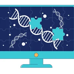 Illustration of a computer monitor containing jigsaw puzzle pieces completing the picture to show DNA strands.