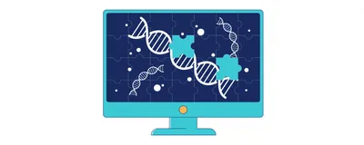 Illustration of a computer monitor containing jigsaw puzzle pieces completing the picture to show DNA strands.