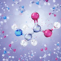 3D illustration of  amino acids, with glycine prominently in the middle of the image and more out of focus molecules in the background. The two backbone carbon atoms are gray, the oxygen atoms are red, the nitrogen is blue, and the hydrogen atoms are white. 
