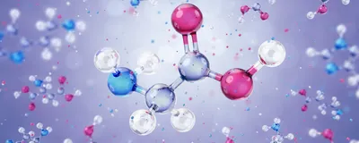 3D illustration of  amino acids, with glycine prominently in the middle of the image and more out of focus molecules in the background. The two backbone carbon atoms are gray, the oxygen atoms are red, the nitrogen is blue, and the hydrogen atoms are white. 