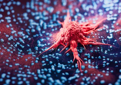 One red cancer cell stands out among uniform blue cells on a tissue surface.