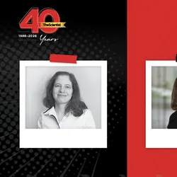 In the TS 40th anniversary template, Yvonne Saenger’s then headshot is shown in black and white on the left, and her current headshot is shown on the right in color.