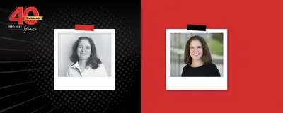 In the TS 40th anniversary template, Yvonne Saenger’s then headshot is shown in black and white on the left, and her current headshot is shown on the right in color.