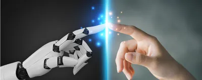 A robot finger and a human finger touch.