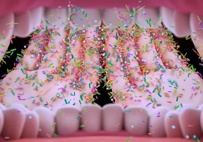 Multi-colored microbes are shown in a drawing of a mouth.