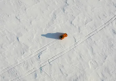 An orange car drives through the snow on the arctic tundra. Two sets of vehicle tracks are shown, representing a pivot from one career path to another.