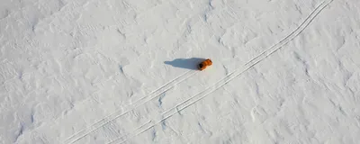 An orange car drives through the snow on the arctic tundra. Two sets of vehicle tracks are shown, representing a pivot from one career path to another.