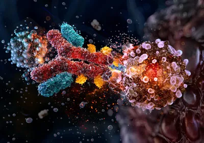 3D rendering of a Y-shaped antibody-drug conjugate binding to a glowing target cell.