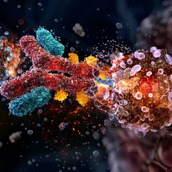 3D rendering of a Y-shaped antibody-drug conjugate binding to a glowing target cell.